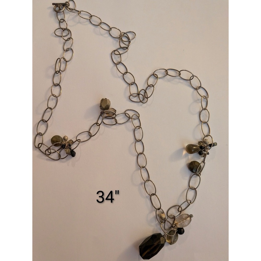 Silver Tone Long Oval Link Chain Necklace Smoky Quartz Style Beads Toggle‎ 34"
